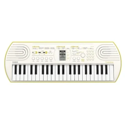Image of Casio SA 80H5 Mini Keys 44 key keyboard in White with lime green base and Rhythm Warriors animated online lessons