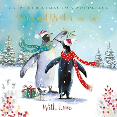 Image of Sister and Brother in Law Christmas Card Special Finish Penguins under Mistletoe Artistic Festive Design Made the UK Eco Friendly