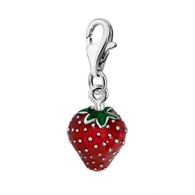Image of Quiges 925 Sterling Silver Red and Green Enamel 3D Strawberry Lobster Clasp Charm Clip on Pendant