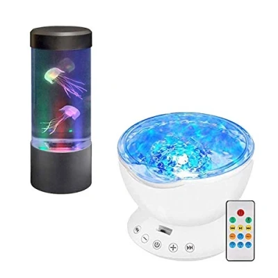 Image of Playlearn Colour Changing LED Mood Light Round Mini Jellyfish Tank &amp; White Ocean Wave Projector Night