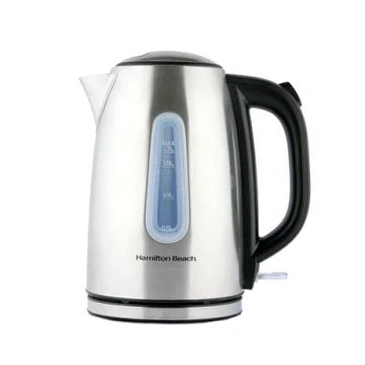 Image of Hamilton Beach Rise Brushed Kettle, 1.7L, Stainless Steel, 3kW Rapid Boil, Boil Dry Protection, Auto Shut Off, Ergonomic Design, Push Button Lid, Water Level Window, 360 Base HB01402B, Silver