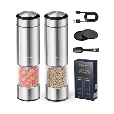 Image of FORLIM Electric Salt and Pepper Grinder Set, USB Rechargeable Automatic Mill Grinder, One Handed Operation, Refillable with Light, Adjustable Coarseness, Stainless Steel, 2 Pack (Silver)