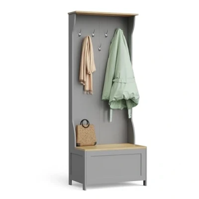 Image of VonHaus Coat Rack Stand &amp; Shoe Storage Bench Grey Hallway Unit w/ 4 Hooks, Soft Close Lid Hall Tree Organiser Clothes Entryway Furniture