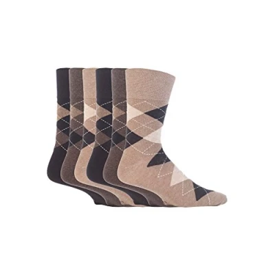 Image of 6 pairs Mens SockShop Cotton Gentle Grip Big Foot Socks, Size 12 14 uk 46 50 eur See Various (6 x RJ41 Argyle Neutrals)