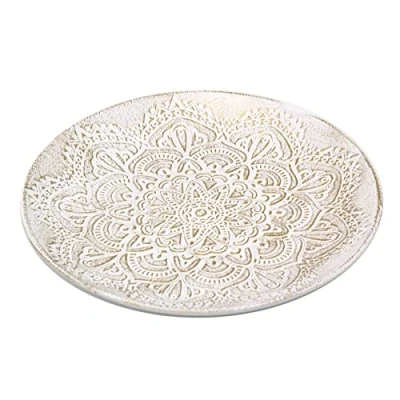 Image of White &amp; Gold Mandala Flower Round Serving Tray Boho Antique Style Wooden Coffee Table Decorative Display Dish 30cm