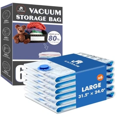 Image of CaptainFive Vacuum Storage Bags 6 Packs, Large Reusable (80 x 61cm) for Clothes, Duvets, Bedding, Pillows, Seal Home Organization, Moving and
