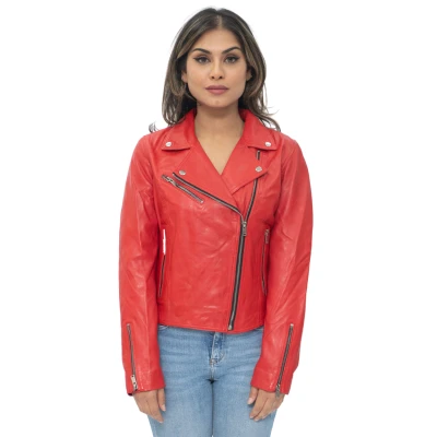 Image of Ladies Leather Jacket Classic Biker Style Red Real Womens 2XL