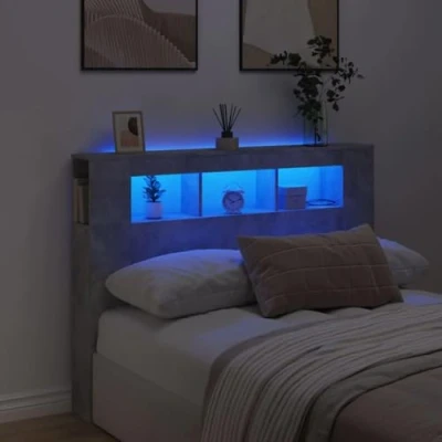 Image of vidaXL LED Headboard with RGB Lights for Bed Concrete Grey, Durable Engineered Wood Construction, Excellent Back Support, Storage Space Decorations 140x18.5x103.5 cm