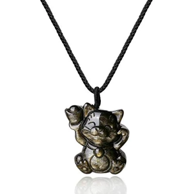 Image of COAI Beckoning Cat Necklace Lucky Golden Obsidian Stone for Women