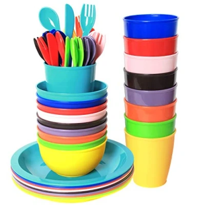 Image of Youngever 54 pcs Plastic Kids Tableware, Re usable Toddler Dinnerware Set, Dining Cups, Plates, Bowls, Flatware Dishes Set (Rainbow)