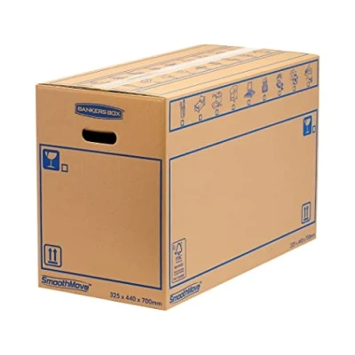 Image of 5 BANKERS BOX EXTRA LARGE Strong Moving Boxes, 100L SmoothMove Cardboard Packing Heavy Duty Double Wall Boxes for House with Handles, 70cm x 44cm 33cm (Pack of 5), Brown