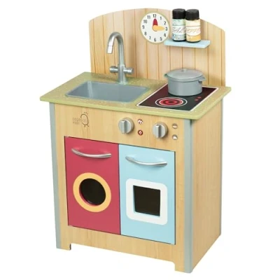 Image of Teamson Kids Little Chef Porto Classic Interactive Wooden Play Kitchen with a Sink and Oven, Storage Space for Easy Clean Up, Natural Wood Finish