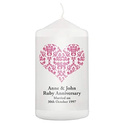 Image of Personalised Ruby Damask Heart Candle. A Wonderful Keepsake for Anyone Celebrating Their Wedding Anniversary (40 Years of Marriage).