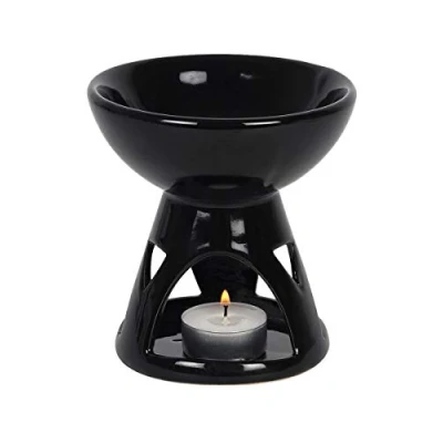Image of Sleek Modern Design Ceramic Black Deep Bowl Oil Burner 12cm x 11.5cm (1 Pc.) Perfect for Aromatherapy &amp; Unique Home Decor
