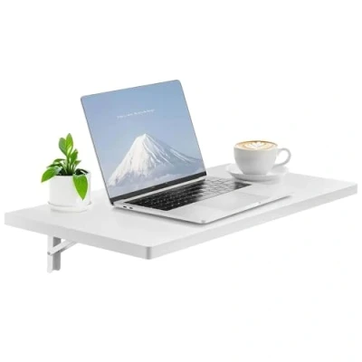 Image of VEVOR Wall Mounted Folding Table, 31.5&quot; x 15.75&quot; Mount Drop Leaf Floating Desk with Iron Bracket, Fold Down for Small Spaces, Home Office, Dining, Laundry Room, Kitchen, Bar, White