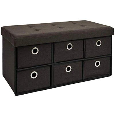 Image of DuneDesign folding Ottoman 76x38x38cm 6 drawers 80L rectangular Storage Bench upholstered lid seat for 2 container to store objects Dark Brown