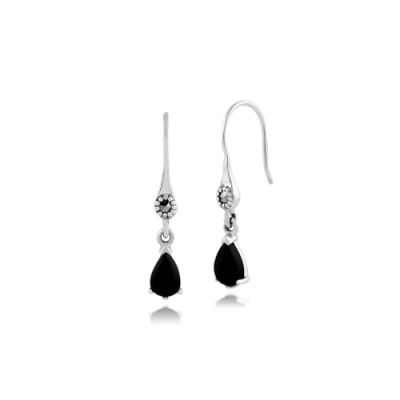 Image of Gemondo Art Nouveau Inspired Sterling Silver Black Onyx &amp; Marcasite Drop Earrings