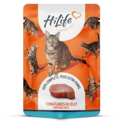 Image of HiLife Adult Wet Cat Food, Tuna Flakes in Jelly, Complete Food Pouches, 100% Natural &amp; Grain Free (18 x 70g Pouches)