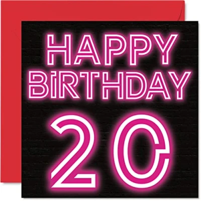 Image of Fun 20th Birthday Cards for Men Woman Neon Glow Happy Card Son Daughter Brother Sister Grandson Granddaughter Niece Nephew Uncle, 145mm x Greeting Cards,