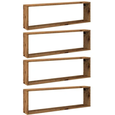 Image of vidaXL Wall Cube Shelves Engineered Wood Brown Living Room/Bedroom 100x15x30 cm Set of 4 Modern Style Space Saving Floating Storage