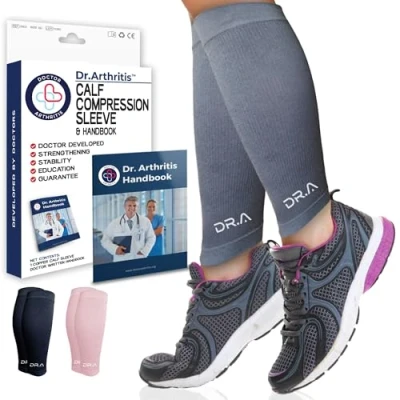 Image of Dr. Arthritis Medical Calf Support &amp; Leg Compression Sleeve, Doctor Developed Shin Splints for Varicose Veins Discomfort, Sleeve Men Women, (Medium, Grey, 1 Pair)