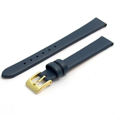 Image of Fine Calf Leather Watch Strap Band 12mm Dark Blue with Gilt (Gold Colour) Buckle. Free Spring Bars (Watch Pins)