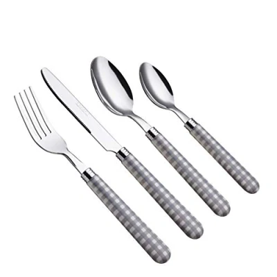 Image of EXZACT Cutlery Set of 24, Stainless Steel with Gingham Check Coloured Handles 6 x Forks, Dinner Knives, Table Spoons, Tea Spoons(Grey 24)
