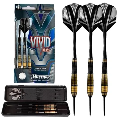 Image of Harrows Vivid High Grade Tinted Alloy Steel Tip Brass Darts Set 21g, 23g &amp; 25g Includes Black Speedline Shafts, Flights Travel Case