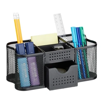 Image of Mesh Desk Organiser, Pen Holder &amp; Drawer, Pot, Holder, Steel, hbt 10 x 23.5 11.5 cm, Black Relaxdays