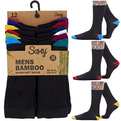 Image of Soxy Bamboo Socks 12 Pairs Super Soft Anti Bacterial Breathable Black with Colour Heel and Toe UK Size 4 6
