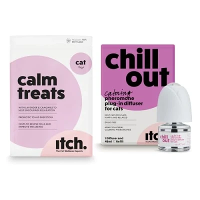 Image of Itch Calming Treats &amp; Refillable Pheromone Plug In Diffuser for Cats Take It Easy Grain Free Lavender, Camomile Probiotics Natural Relaxation Chill Out 30 Day Refill Calms Anxiety Stress