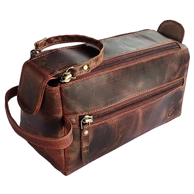 Image of Leather Wash Bag for Men Travel Toiletry Shaving Dopp Kit Toiletries Organizer Makeup Women