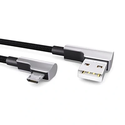 Image of 0.3m Nylon Micro USB Cable black, 90 degree angle plug, to charging cable, data 2.0