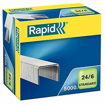 Image of Rapid 24/6mm Standard Staples, For Stapling up to 20 Sheets, Use with Desktop and Electric Staplers, Galvanised Wire, Box of 5000, 24859800