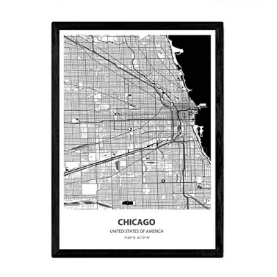 Image of Nacnic Poster with map of Chicago USA. Sheets US cities seas and rivers in black color. A4 size