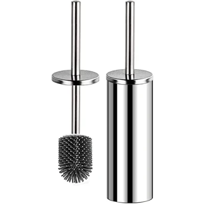 Image of Bingobang Toilet Brush and Holder,Stainless Steel Lid Handle,Silicone Deep Cleaner Brushes with Quick Drying Holder Set for Bathroom Toilet(Silver)