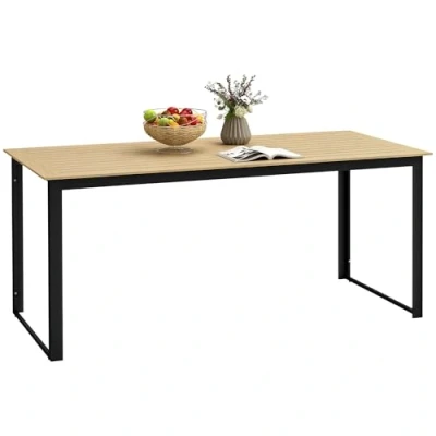 Image of Outsunny Garden Table for 6 People, 175 x 78 75 cm Rectangle Outdoor Dining with Slatted Top, Metal Frame, Balcony, Deck, Teak