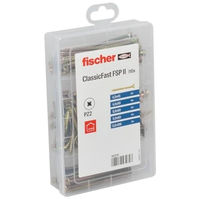 Image of fischer ClassicFast Meisterbox Assortment Box with Chipboard Screws for Interior Wood Building Materials Countersunk Head Partial Thread Pozi Yellow Galvanised 110 Pieces Item No. 562278