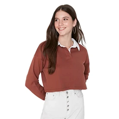 Image of Trendyol Women Fitted Basic Shirt collar Knit Sweatshirt Brown