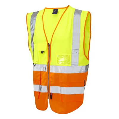 Image of Leo Workwear Lynton W11 Dual Colour Hi Vis Class 1 Multi pocket Superior Waistcoat, S, Yellow Orange