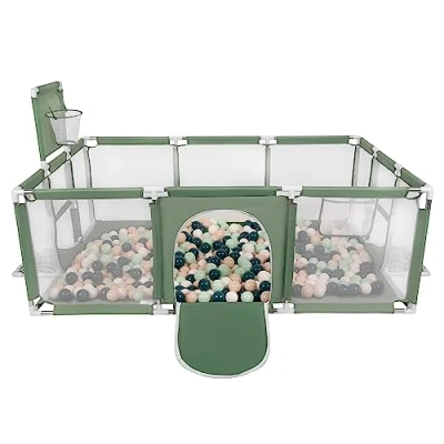Image of Selonis Baby Playpen Big Size Playground with 400 Balls for Kids, Green:Dark Turquoise/Pastel Beige/White/Mint
