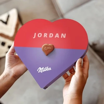 Image of Personalised Milka gift box Personalise the I love with Name and Message of your choice, Chocolate hearts a hazelnut nougat creme filling (187 Grams Heart)