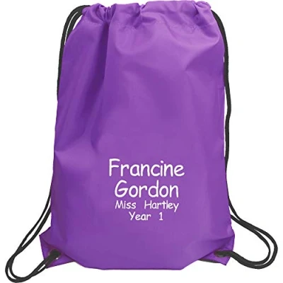 Image of Girl&#039;s Personalised Name, Teacher &amp; School Year Sports PE Drawstring Gym Swimming Bag (Purple)