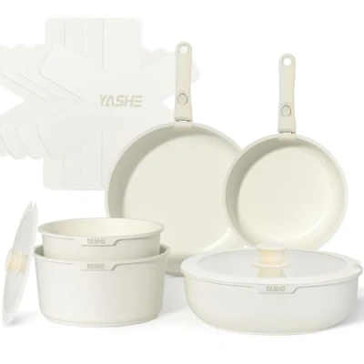 Image of YASHE 13Pcs Pots and Pans Sets Non Stick, Kitchen Cookware Sets, Induction Pan Set for RV Set, with Detachable Handle, Granite White, Oven Safe, PFOA Free