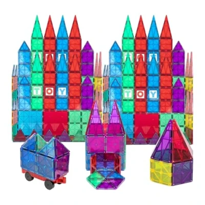 Image of Playmags Magnet Building Tiles Set for Kids 56 Pcs Stronger 3D Magnetic Block with Car Colorful STEM Toys 6 Additional Clickins Included