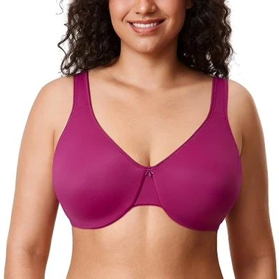 Image of Delimira Women&#039;s Minimiser Bra Plus Size Underwired Full Cup Non Padded Seamless Support T Shirt Magenta Purple 34D