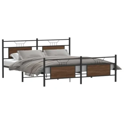 Image of vidaXL Double Metal Bed Frame 160x200 cm, Brown Oak Finish Bedroom/Furniture with Storage