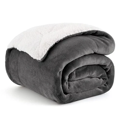 Image of Bedsure Sherpa Fleece Throw Blanket Fluffy Microfiber Solid Blankets for Bed and Couch Double/Twin Size, Dark Grey, 150x200cm