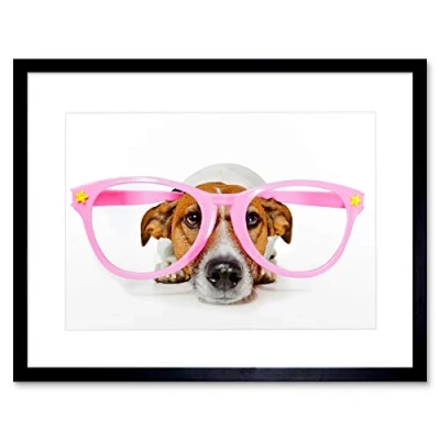 Image of Wee Blue Coo Jack Russell Dog Comedy Pink Glasses Picture Framed Wall Art Print