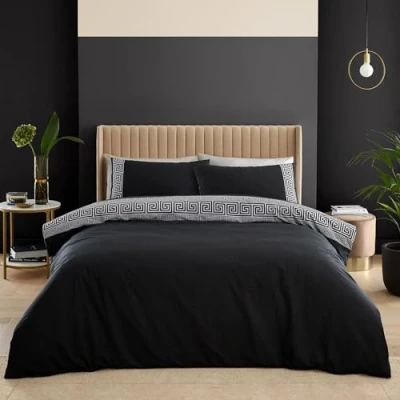 Image of Catherine Lansfield Artemis Greek Key Reversible Double Duvet Cover Set with Pillowcases Black